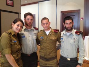 The soldiers were astonished at the love for Israel that they encountered here. L to r:  Lieutenant Gal Negri, Lieutenant Ariel Ben Chaim,  and Second Lieutenant Aviv Gvili, Captain Yishai Levy Photo: Sally Abrams