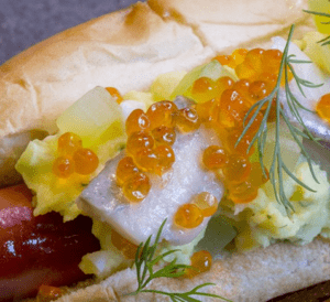 Pickled herring and salmon roe with dill mayo on an all-beef dog. Photo courtesy of Nighthawks.