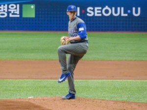 Corey Baker pitches for Israel in the 2017 World Baseball Classic in Seoul, South Korea. Photo by Margo Sugarman/Israel Baseball.