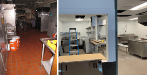 The Hillel kitchen in 2015 (left) and the new kitchen (right).