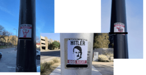 The stickers on the left and right were found in Dinkytown near the University of Minnesota campus; the center photo was taken near the Minnesota State University, Mankato, campus.