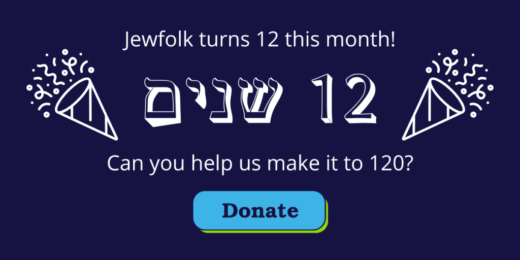 A dark blue field and the message: "Jewfolk turns 12 this month! Can you help us make it to 120? Head to link in bio to donate."