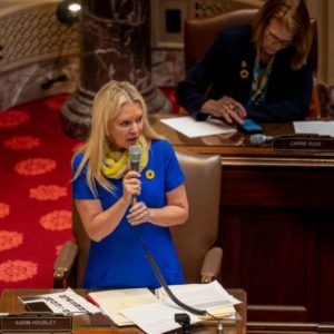 State Sen. Karin Housley, the lead author of the Senate's Russian divestment bill, on the floor of the House on March 29. (Ethan Roberts Photography/JCRC)