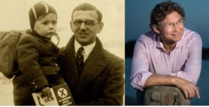 Sir Nicholas Winton holds a Jewish child in Prague in 1938. His son, Nick Winton (right) is speaking at the community Kristallnacht commemoration on Nov. 9. (Photos courtesy JCRC of Minnesota and the Dakotas.)