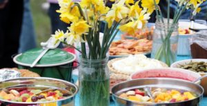 potluck meal, table with food.