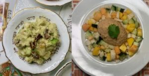 Mexican Charoset (left) and Passover salsa plated with gefilte fish.