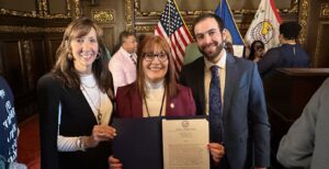 Lori Weissman, State Sen. Bonnie Westlin, and the JCRC's Sami Rahamim after the signing of the public safety bill on May 19. (Photo courtesy Lori Weissman).