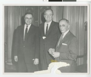 Beth El Rabbis Kassel Abelson (left) and David Aronson (right) flank then Minneapolis Mayor Hubert Humphrey (Photo courtesy Nathan and Theresa Berman Upper Midwest Jewish Archives.)
