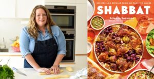 Adeena Sussman (photo by Dan Perez), and the cover of her new cookbook, "Shabbat."