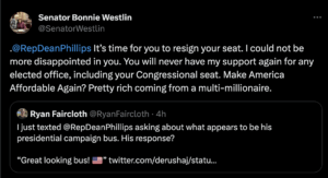 Tweet from State Sen. Bonnie Westlin to Dean Phillips: It’s time for you to resign your seat. I could not be more disappointed in you. You will never have my support again for any elected office, including your Congressional seat. Make America Affordable Again? Pretty rich coming from a multi-millionaire.