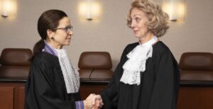 Justices Ruth Bader Ginsburg (Laura Esping) shaking hands with Sandra Day O'Connor (Patty Mathews). (Photo by Sarah Whiting)