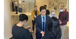 Minneapolis Mayor Jacob Frey (center) talks with City Councilmembers Aisha Chughtai, Aurin Choudhury after a Friday afternoon press conference. Chughtai and Choudhury are two of the co-authors of a planned Minneapolis City Council resolution calling for a ceasefire in Israel. (Photo by Lonny Goldsmith/TC Jewfolk).