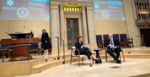 Temple Israel Rabbi Marcia Zimmerman (left), FBI Special Agent Joy Hess and JCRC Director of Community Security Rob Allen at the Jan. 25 town hall on antisemitism at Temple Israel. (Photo courtesy Temple Israel).