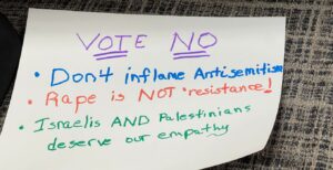 A "Vote No" sign on the ground at the Minneapolis City Council meeting on Jan. 25, 2024. (Photo by Lonny Goldsmith/TC Jewfolk).