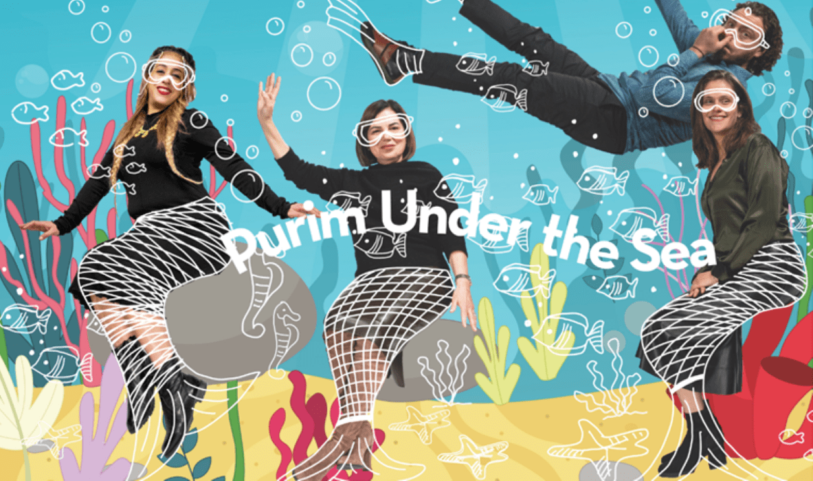 Clergy appear waving an smiling as seascape illustrations for Purim Under The Sea