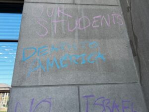 "Death To America" a recurring slogan of the Iranian regime, on the walls of Coffman Union at the University of Minnesota.