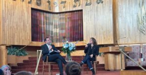 Jonah Kaplan moderates a conversation with Noa Tishby at Beth El Synagogue on May 20, 2024. (Photo by Yoni Zacks)
