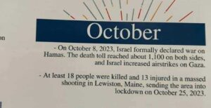 An entry from the St. Louis Park High School yearbook that reads: “On October 8, 2023, Israel formally declared war on Hamas. The death toll reached about 1,100 on both sides, and Israel increased airstrikes on Gaza.”