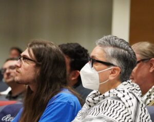 JCA staffer Brandon Schorsch and UMN professor Sima Shakhsari in a Minnesota Senate Judiciary Committee hearing on June 25, 2024 (Lonny Goldsmith/TC Jewfolk).