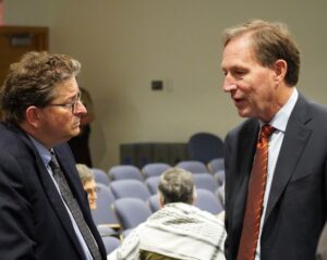 JCRC Executive Director Steve Hunegs with UMN Interim President Jeff Ettinger before a Minnesota Senate Judiciary Committee hearing on June 25, 2024 (Lonny Goldsmith/TC Jewfolk).