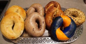 Plain, blueberry, cinnamon crunch, Syracuse-themed rainbow, and everything bagels from Jersey Girl Bagels. (Lonny Goldsmith/TC Jewfolk).
