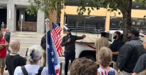 Minnesota Republican Senate candidate Royce White speaking outside the Federal Reserve in Minneapolis on July 4 (Royce White for Senate website).
