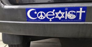 A "Coexist" bumper sticker on a car. (Flickr image)