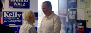 Rep. Adam Schiff greets a DFL volunteer at a canvass kickoff event on Oct. 28. (Lev Gringauz/TC Jewfolk)