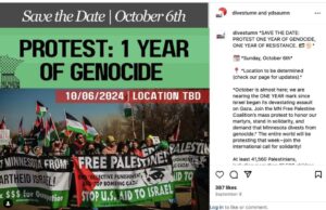 UMN Divest Coalition social media post about a year of “genocide” and “resistance” 