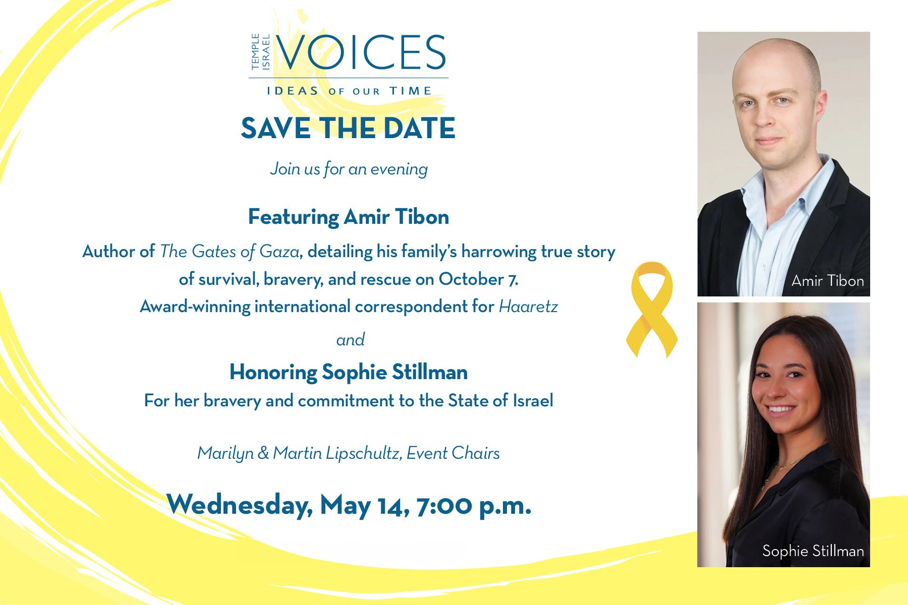 Temple Israel fundraiser info for VOICES: Ideas of Our Time, featuring images of Amir Tibon and Sophie Stillman. Event on Wednesday, May 14 at 7 PM.