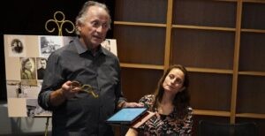 Allen Kuperman and his daughter, Lisa Aronauer, talk about their family surviving the Holocaust at the JCRC Zikaron B'Salon program on April 23 at Beth El Synagogue. (Lonny Goldsmith/TC Jewfolk).