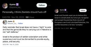 Screenshots of some of Ayana Smith-Kooiman's Twitter/X posts regarding Israel and Zionism.