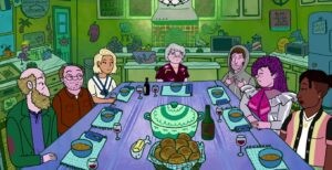 Long Story Short (L to R) Paul Reiser as Elliot Cooper, Ben Feldman as Avi Schwooper, Angelique Cabral as Jen, Lisa Edelstein as Naomi Schwartz, Max Greenfield as Yoshi Schwooper, Abbi Jacobson as Shira Schwooper and Nicole Byer as Kendra in 'Long Story Short.' (COURTESY OF NETFLIX © 2025)