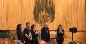 Kfar Aza survivors Michal Rottenberg, Liri Sobol, Hanita Baram and Keith Siegel at Beth El with Noa Tishby on Sept. 28, 2025 (Lonny Goldsmith/TC Jewfolk).