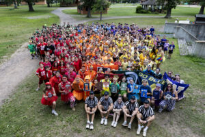 Teams gather to start Bikkurim (color wars) at Herzl Camp. (Photo courtesy Herzl Camp).