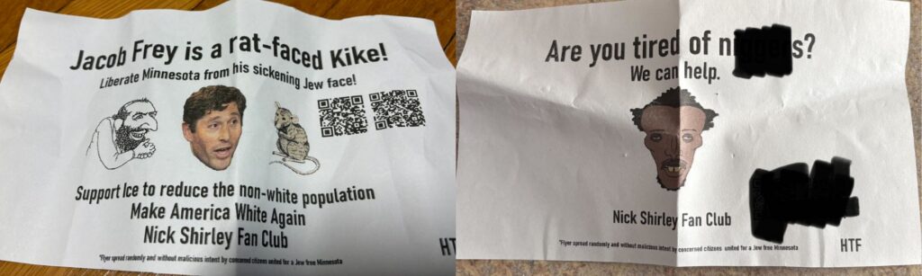 An antisemitic flyer targeting Minneapolis Mayor Jacob Frey (left) and a racist flyer were left at homes and neighborhood spots throughout the Twin Cities.