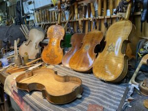 Instruments in mid-repair in Weinstein's workshop.