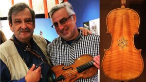Amnon Weinstein z”l, Violins of Hope founder, with St. Paul violin maker Andy Fein (Courtesy: Andy Fein). An instrument in the Violins of Hope collection (Courtesy: Avshalom Weinstein)