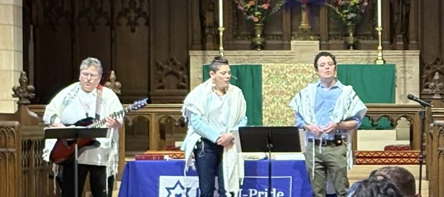 Rachel Lipkin, Rabbi Heather Renetzky, and Rabbi Aaron Weininger lead the Pride Shabbat service. (Courtesy JFCS).