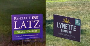 The lawn signs of Sen. Ron Latz and his challenger, Lynette Dumalag, were the subjects of dueling ethics complaints.