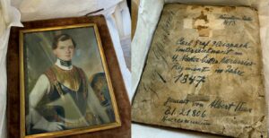 A close up of the front (left) and back of the painting of Carl Graf Gleispach, painted by Albert Theer. (Lonny Goldsmith/TC Jewfolk).